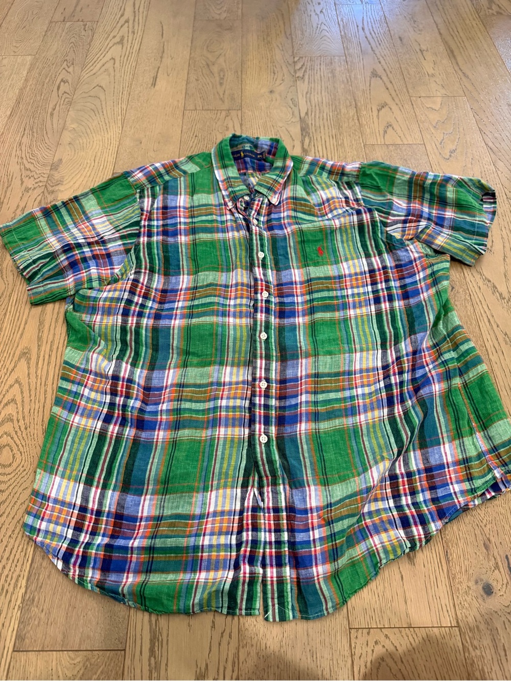 Ralph Lauren Shirt Mens XXL Green Plaid Short Sleeve Button Down Pony Logo Linen